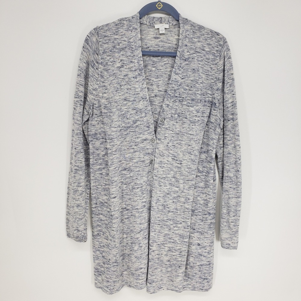J. Jill Marl Knit Long Cardigan Women Size M Blue White Button Front Sweater‎